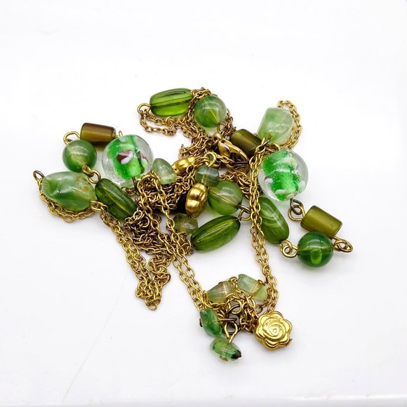 Vintage Double Strand Delicate Chain Necklace, Gold Tone with Green Art Glass - Picture 4 of 5